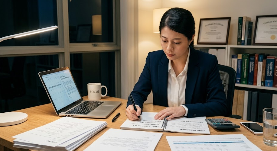 How to Prepare for an Accounting Firm Interview 2 A professional woman taking notes at her desk while preparing for an accounting firm interview