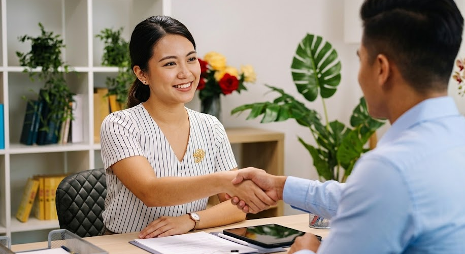 Interview Red Flags & Green Flags in Accounting Firms 2 A professional woman shaking hands across a desk during a successful accounting job interview